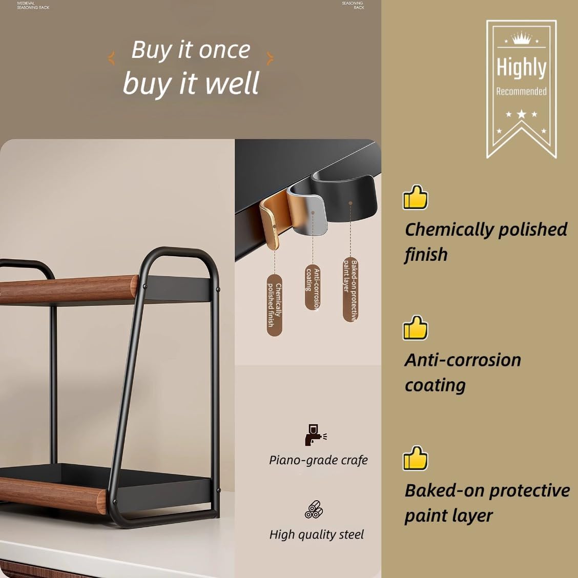 Countertop Organiser, 2-Tier Spice Rack, Solid Wood and Carbon Steel, Kitchen Bathroom Living Room Storage Organiser, Space Saving Benchtop Caddy, Black and Brown (Medium)