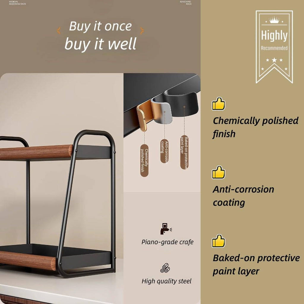 Countertop Organiser, 2-Tier Spice Rack, Solid Wood and Carbon Steel, Kitchen Bathroom Living Room Storage Organiser, Space Saving Benchtop Caddy, Black and Brown (Medium)