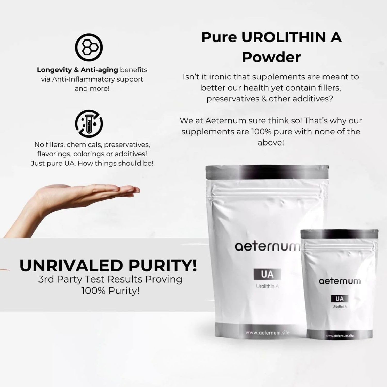 aeternum Urolithin A Powder 100g, Urolithin A Supplement for Muscle Function & Mitochondria Support, No fillers, chemicals, preservatives, or additives, Third-Party Tested 100% Pure Unrivaled Purity!