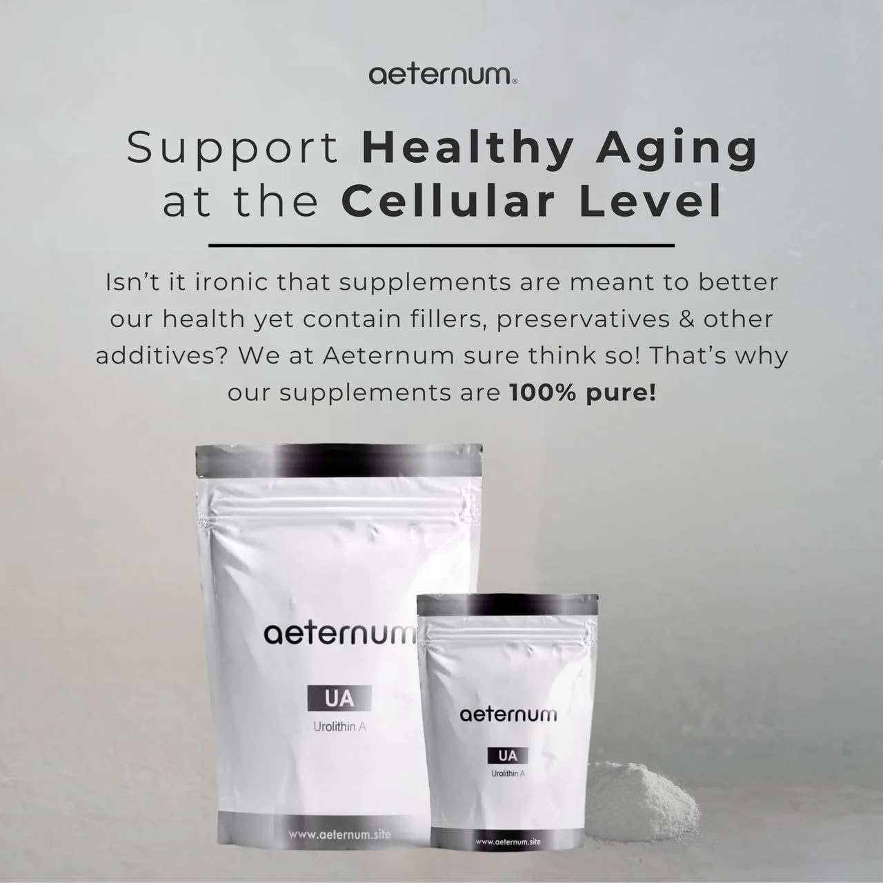aeternum Urolithin A Powder 100g, Urolithin A Supplement for Muscle Function & Mitochondria Support, No fillers, chemicals, preservatives, or additives, Third-Party Tested 100% Pure Unrivaled Purity!