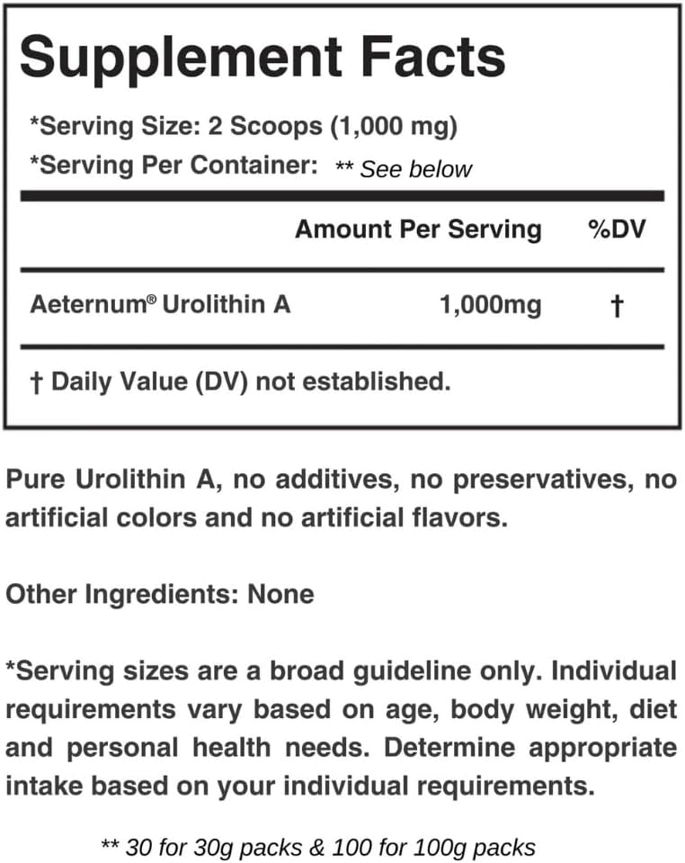 aeternum Urolithin A Powder 100g, Urolithin A Supplement for Muscle Function & Mitochondria Support, No fillers, chemicals, preservatives, or additives, Third-Party Tested 100% Pure Unrivaled Purity!