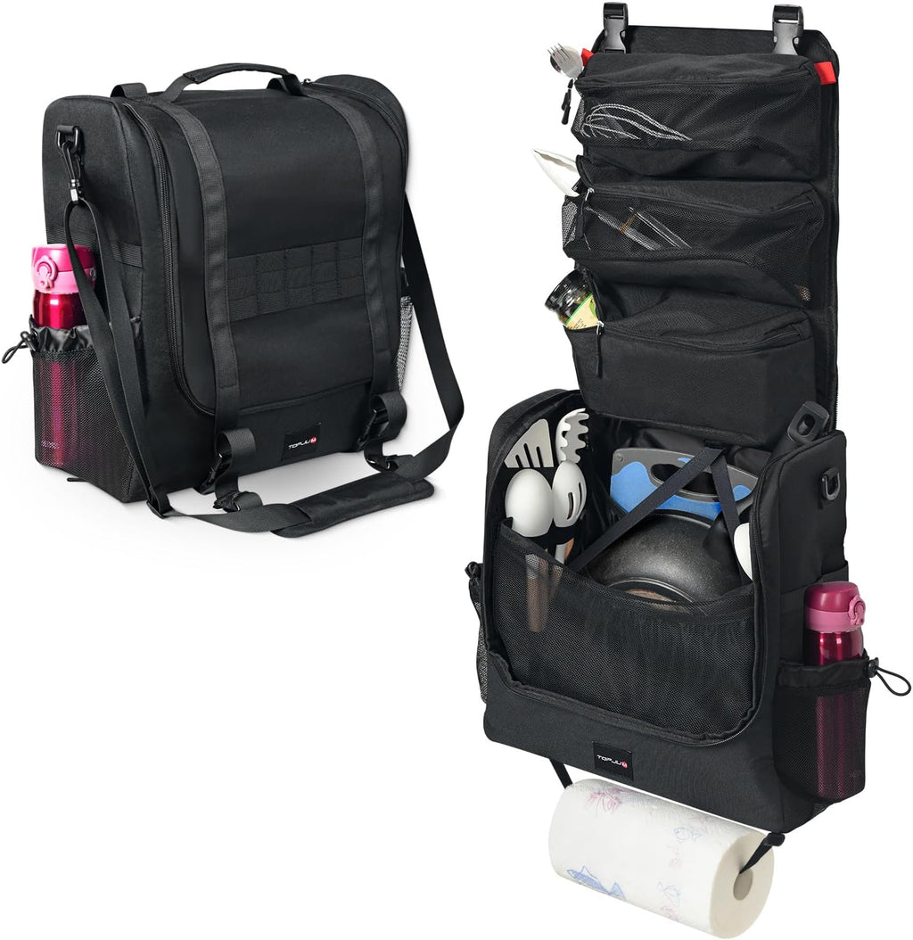 Camp Kitchen Organizer, Utensil Storage Caddy Bag, Multi-Pockets, Paper Towel Holder, Portable Hanging Kitchen Cookware Holder for Camping Utensils, Tableware & BBQ Essentials, Bag Only | Create an organized camp kitchen with hanging storage and paper tow
