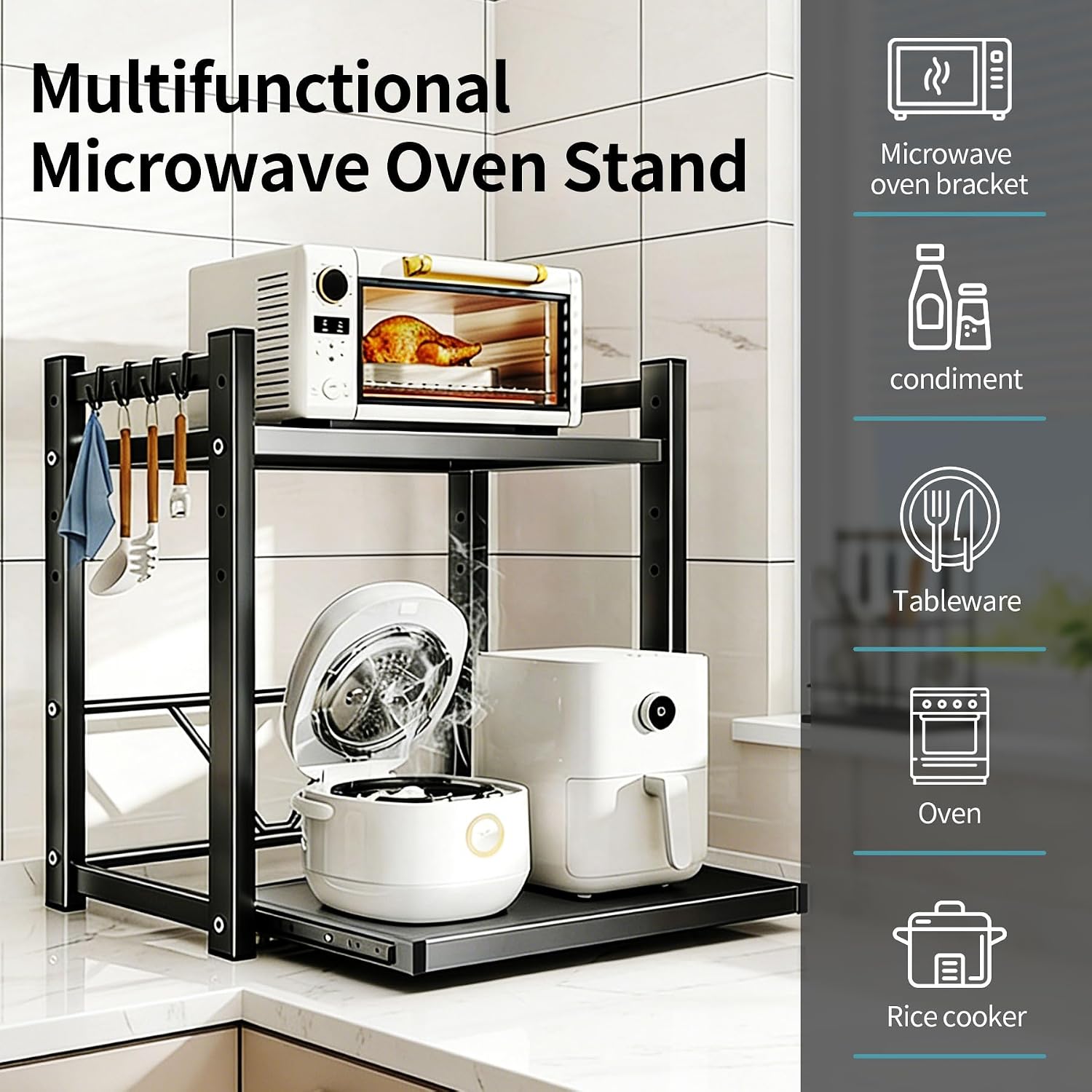 Adjustable Metal Rack with Drawer,Microwave Shelf Stand, 2-Tier for Kitchen Storage & Organization, Countertop Home Storage & Organization (Grey, 58 * 40 * 59cm)