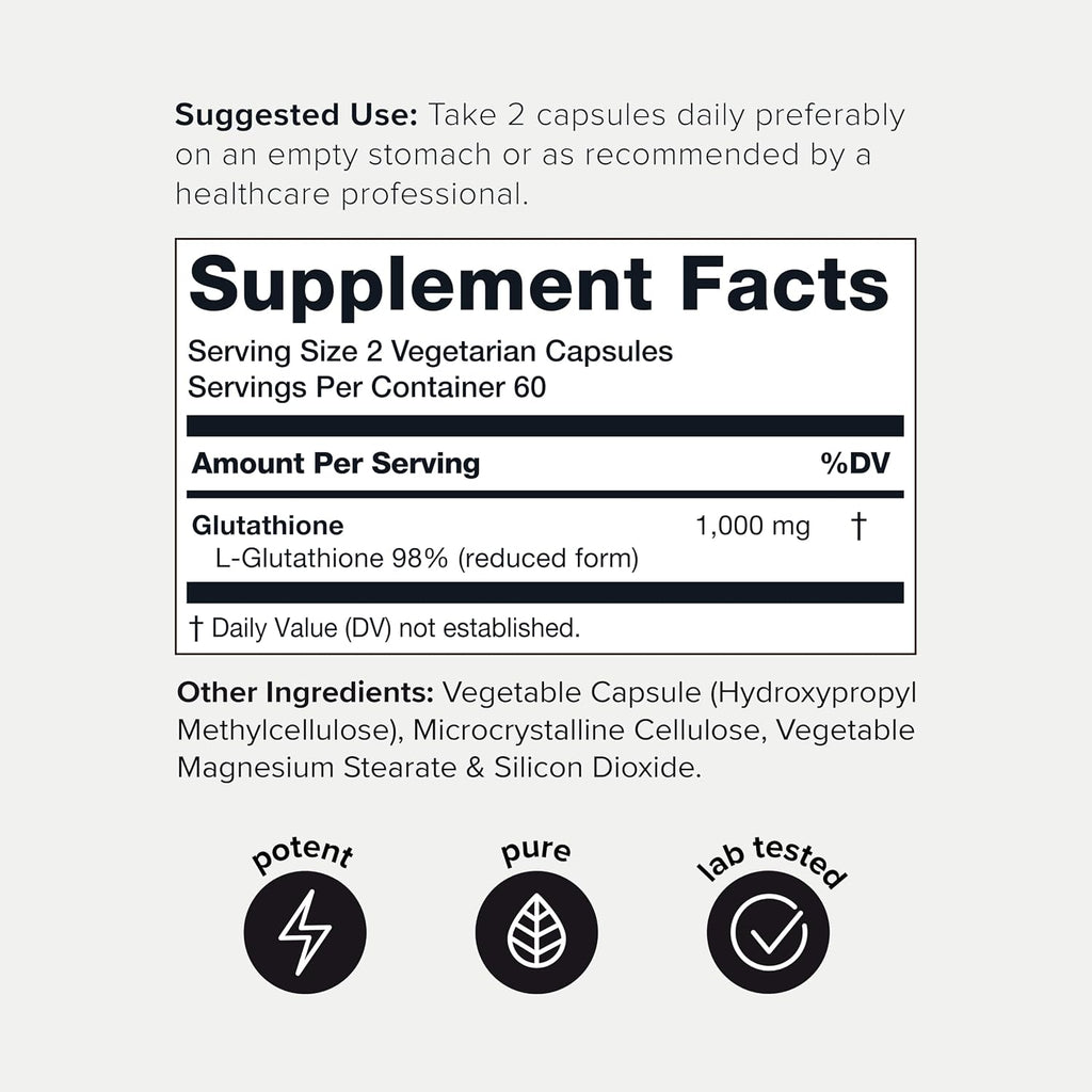 Ultra High Strength Glutathione Capsules - 1000mg Concentrated Formula - 98%+ Highly Purified and Highly Bioavailable - Non-GMO Fermentation - 120 Capsules Reduced Glutathione Supplement
