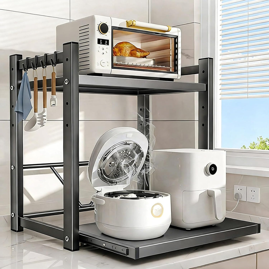Adjustable Metal Rack with Drawer,Microwave Shelf Stand, 2-Tier for Kitchen Storage & Organization, Countertop Home Storage & Organization (Grey, 58 * 40 * 59cm)