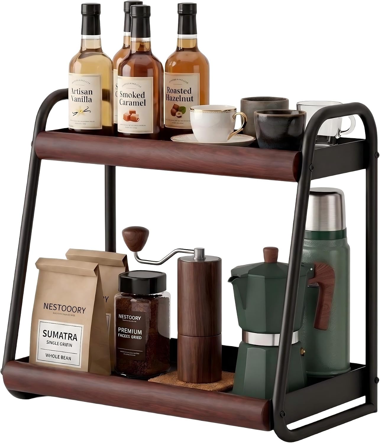 Countertop Organiser, 2-Tier Spice Rack, Solid Wood and Carbon Steel, Kitchen Bathroom Living Room Storage Organiser, Space Saving Benchtop Caddy, Black and Brown (Medium)