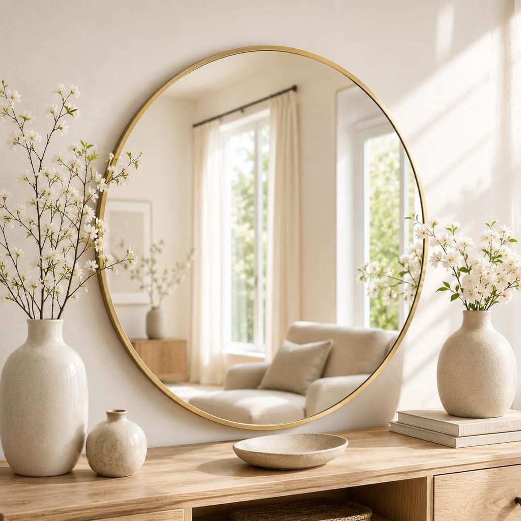 IDEALHOUSE 24 Inch Gold Round Mirror, Metal Gold Frame Circle Mirror, Hanging Wall Decor for Living Room, Entry Way, Bedroom