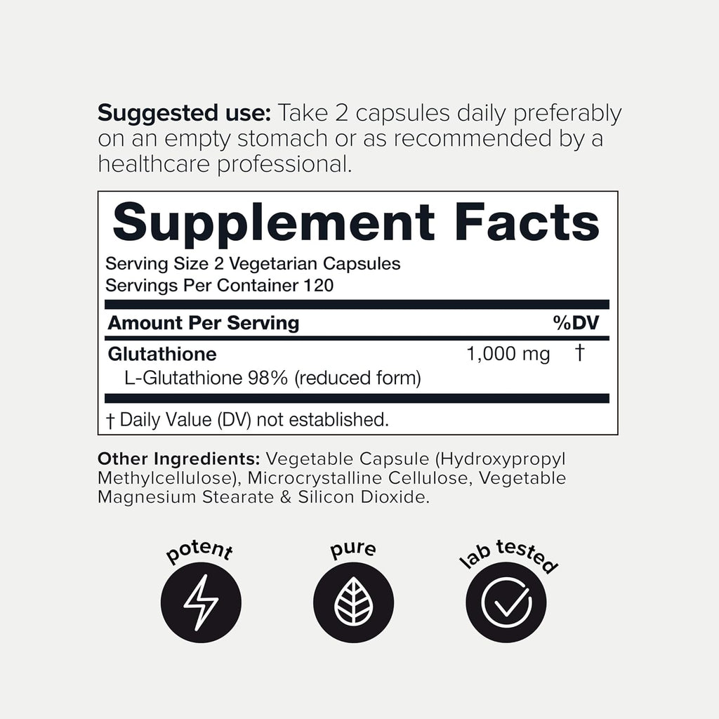Ultra High Strength Glutathione Capsules - 1000mg Concentrated Formula - 98%+ Highly Purified and Highly Bioavailable - Non-GMO Fermentation - 120 Capsules Reduced Glutathione Supplement