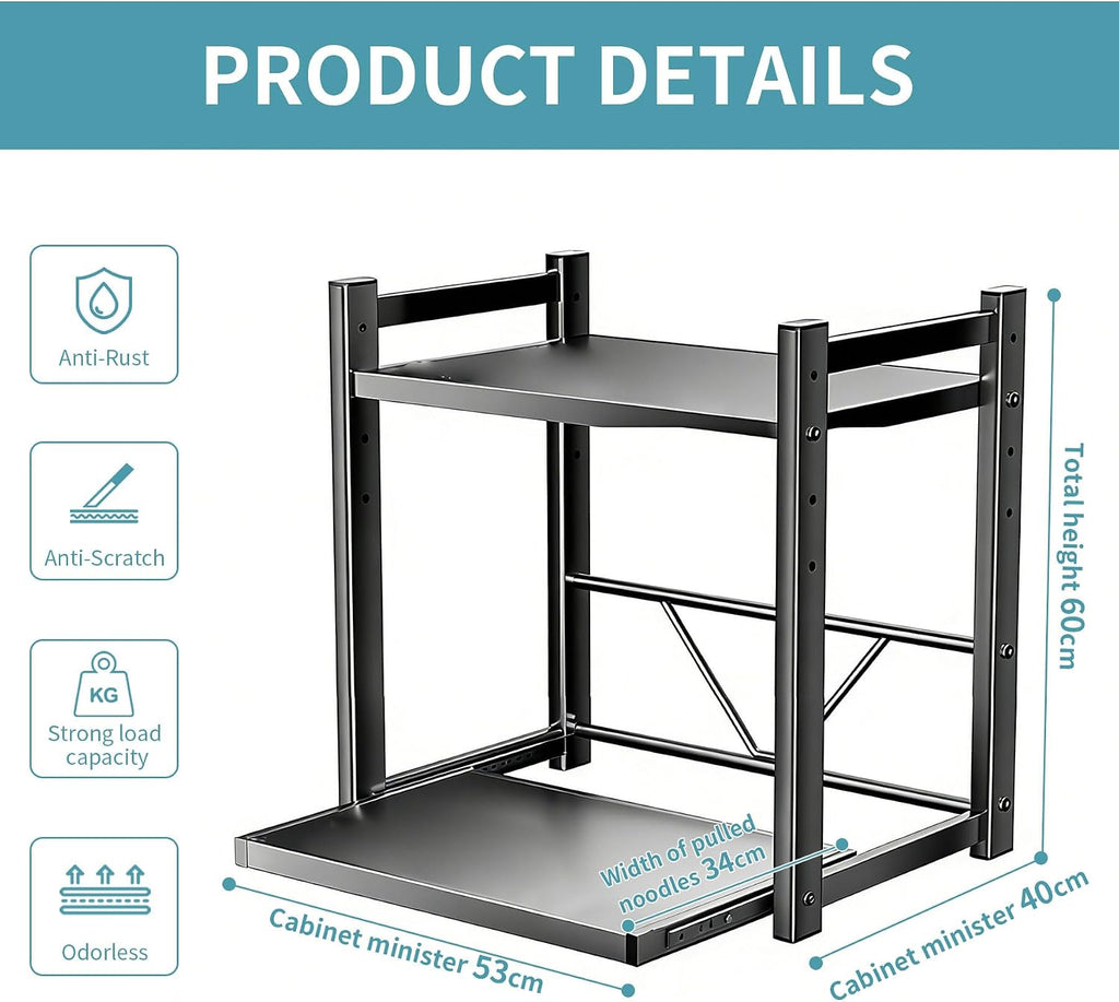 Adjustable Metal Rack with Drawer,Microwave Shelf Stand, 2-Tier for Kitchen Storage & Organization, Countertop Home Storage & Organization (Grey, 58 * 40 * 59cm)