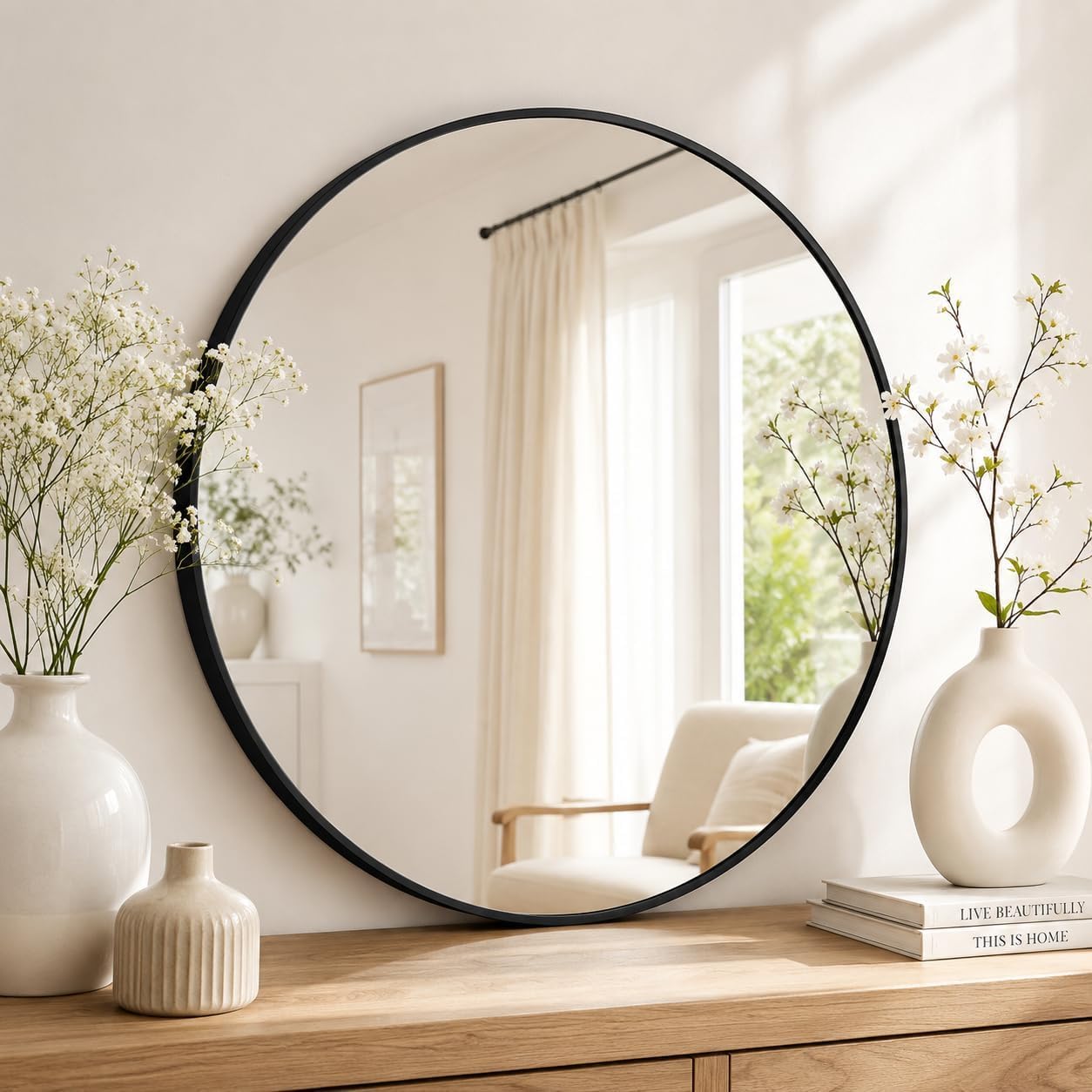 IDEALHOUSE Black Frame Round Mirror for Wall Decor, 91.5cm | Easy Installation, Clear Reflection, Safe, Stylish