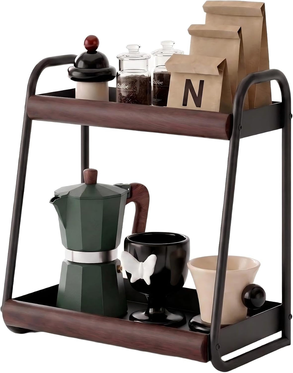 Countertop Organiser, 2-Tier Spice Rack, Solid Wood and Carbon Steel, Kitchen Bathroom Living Room Storage Organiser, Space Saving Benchtop Caddy, Black and Brown (Medium)