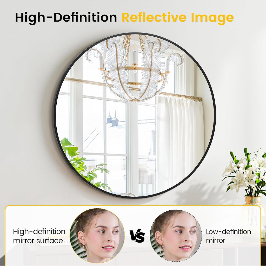IDEALHOUSE Black Frame Round Mirror for Wall Decor, 91.5cm | Easy Installation, Clear Reflection, Safe, Stylish