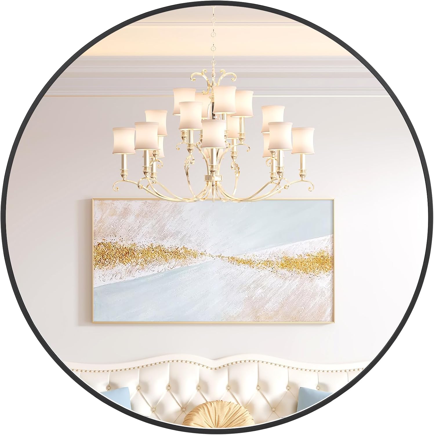 IDEALHOUSE Black Frame Round Mirror for Wall Decor, 91.5cm | Easy Installation, Clear Reflection, Safe, Stylish
