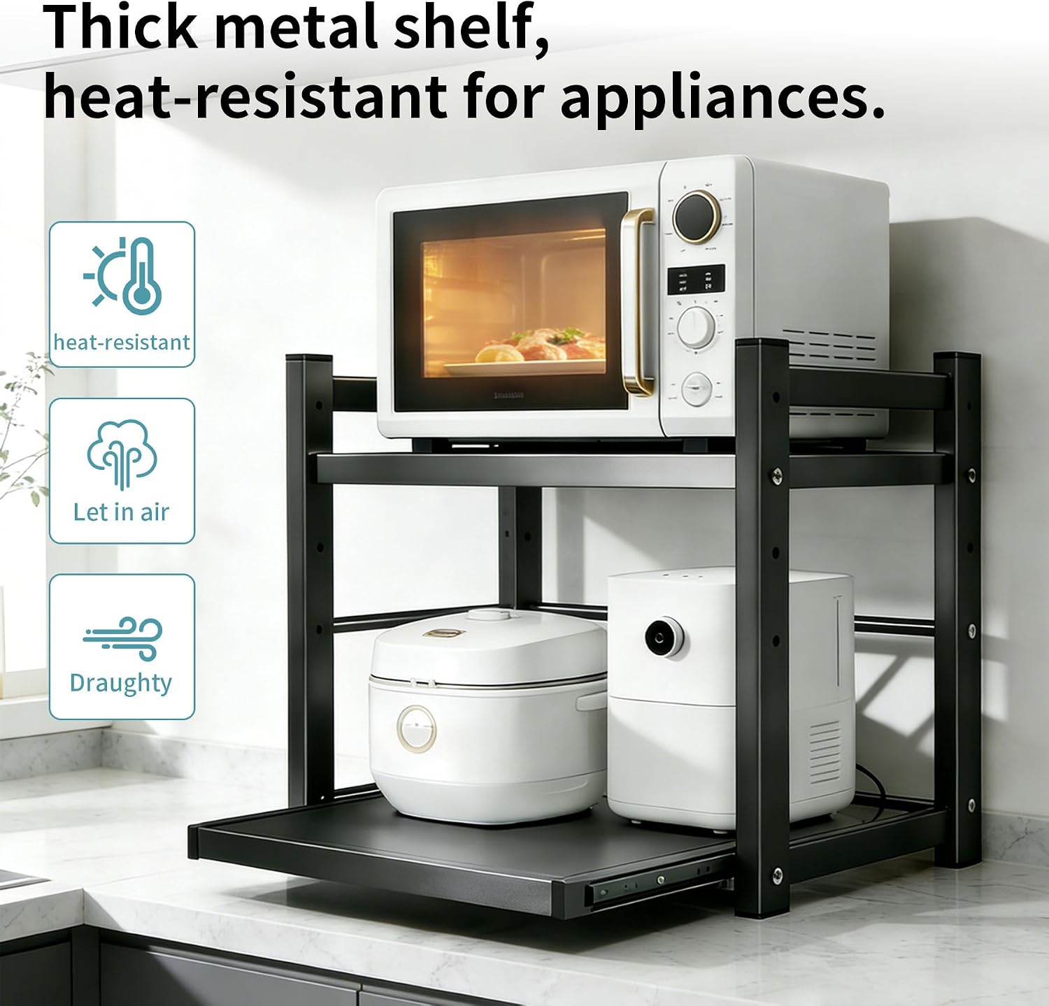 Adjustable Metal Rack with Drawer,Microwave Shelf Stand, 2-Tier for Kitchen Storage & Organization, Countertop Home Storage & Organization (Grey, 58 * 40 * 59cm)
