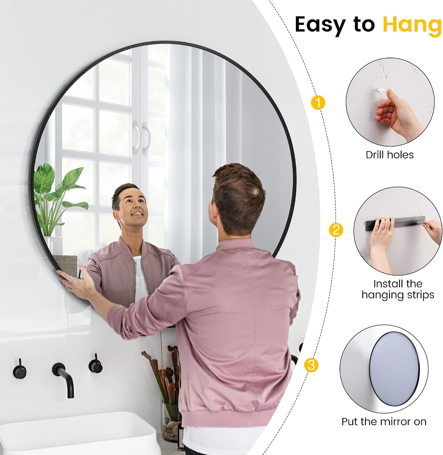 IDEALHOUSE Black Frame Round Mirror for Wall Decor, 91.5cm | Easy Installation, Clear Reflection, Safe, Stylish