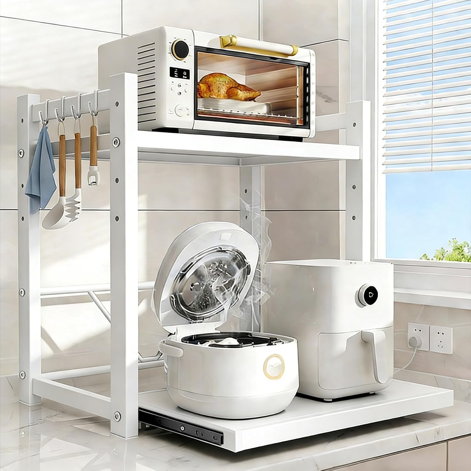Adjustable Metal Rack with Drawer,Microwave Shelf Stand, 2-Tier for Kitchen Storage & Organization, Countertop Home Storage & Organization (Grey, 58 * 40 * 59cm)