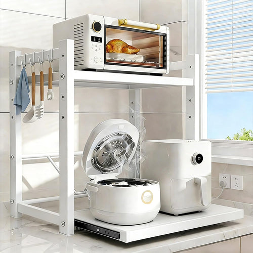 Adjustable Metal Rack with Drawer,Microwave Shelf Stand, 2-Tier for Kitchen Storage & Organization, Countertop Home Storage & Organization (Grey, 58 * 40 * 59cm)
