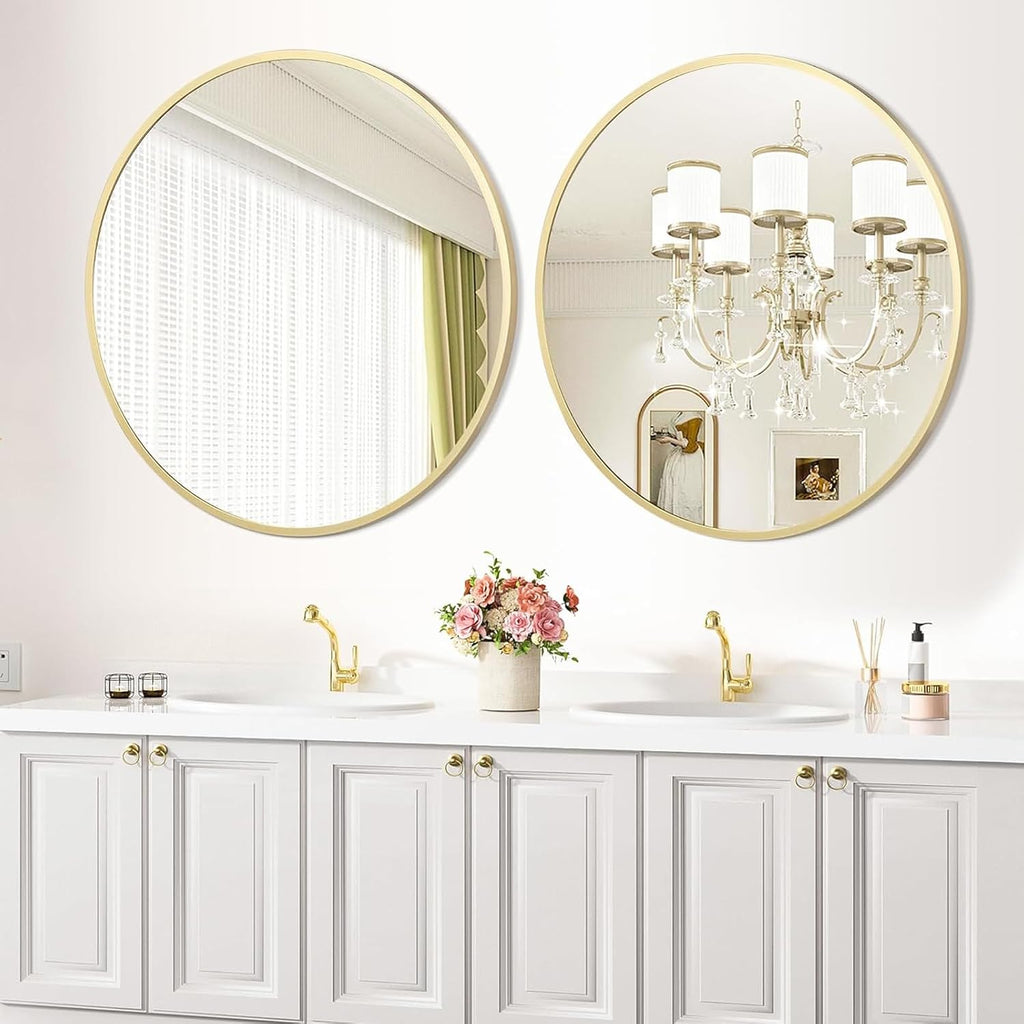IDEALHOUSE 24 Inch Gold Round Mirror, Metal Gold Frame Circle Mirror, Hanging Wall Decor for Living Room, Entry Way, Bedroom