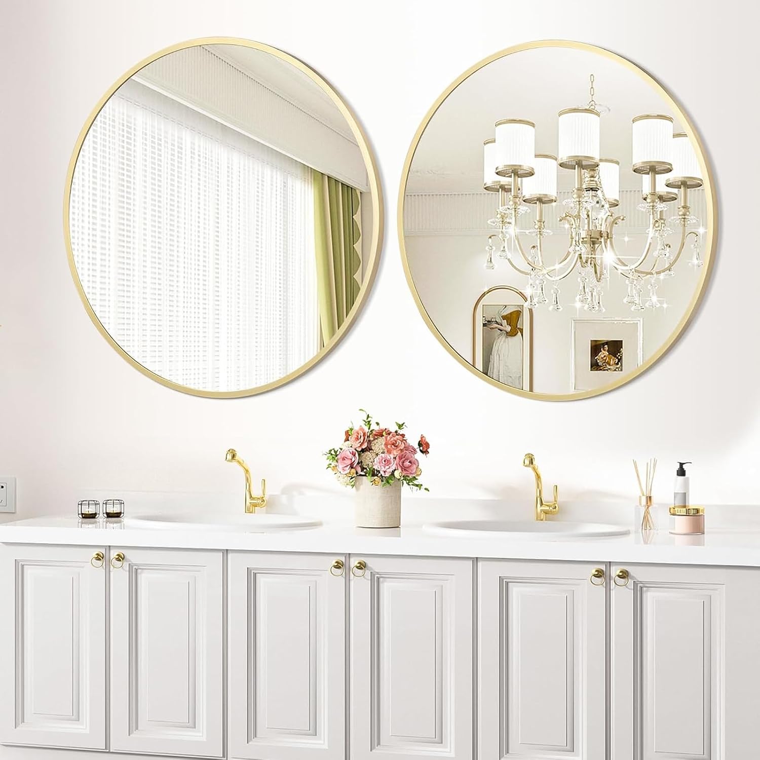 IDEALHOUSE 24 Inch Gold Round Mirror, Metal Gold Frame Circle Mirror, Hanging Wall Decor for Living Room, Entry Way, Bedroom