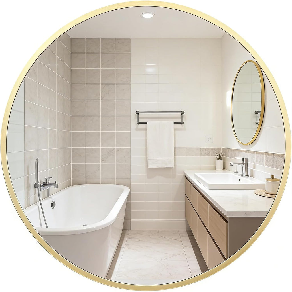 IDEALHOUSE 24 Inch Gold Round Mirror, Metal Gold Frame Circle Mirror, Hanging Wall Decor for Living Room, Entry Way, Bedroom