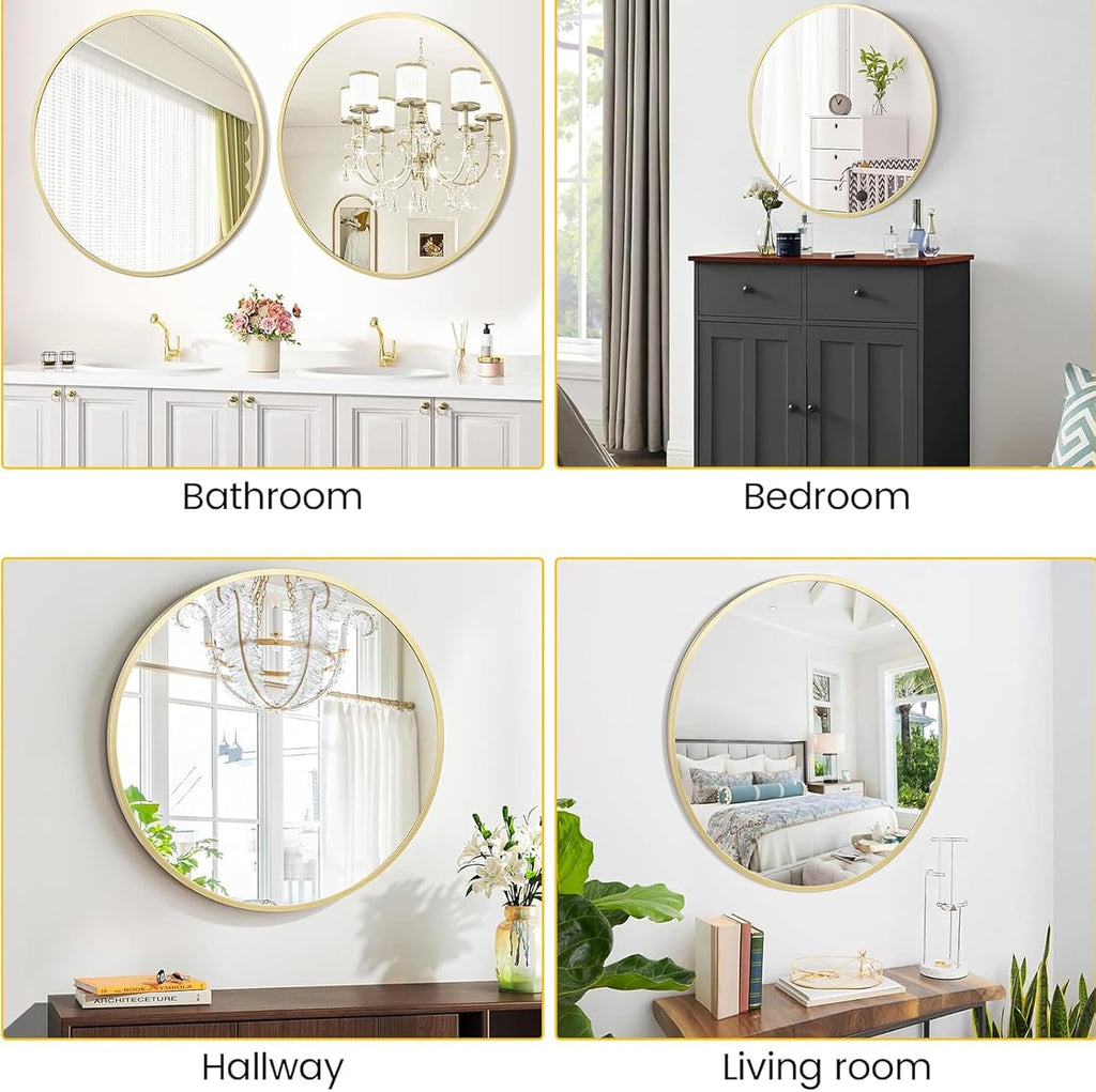 IDEALHOUSE 24 Inch Gold Round Mirror, Metal Gold Frame Circle Mirror, Hanging Wall Decor for Living Room, Entry Way, Bedroom