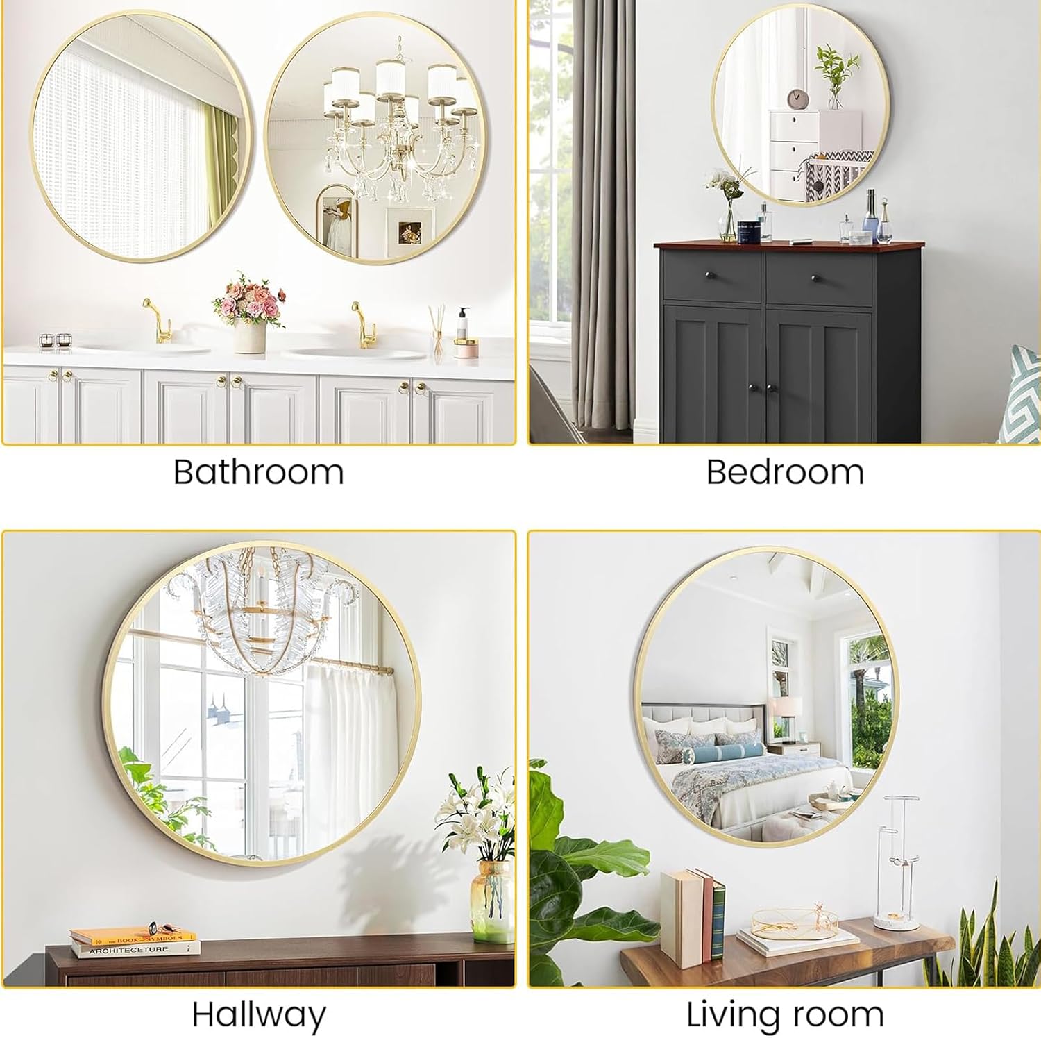 IDEALHOUSE 24 Inch Gold Round Mirror, Metal Gold Frame Circle Mirror, Hanging Wall Decor for Living Room, Entry Way, Bedroom