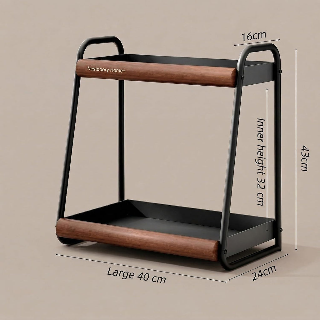 Countertop Organiser, 2-Tier Spice Rack, Solid Wood and Carbon Steel, Kitchen Bathroom Living Room Storage Organiser, Space Saving Benchtop Caddy, Black and Brown (Medium)