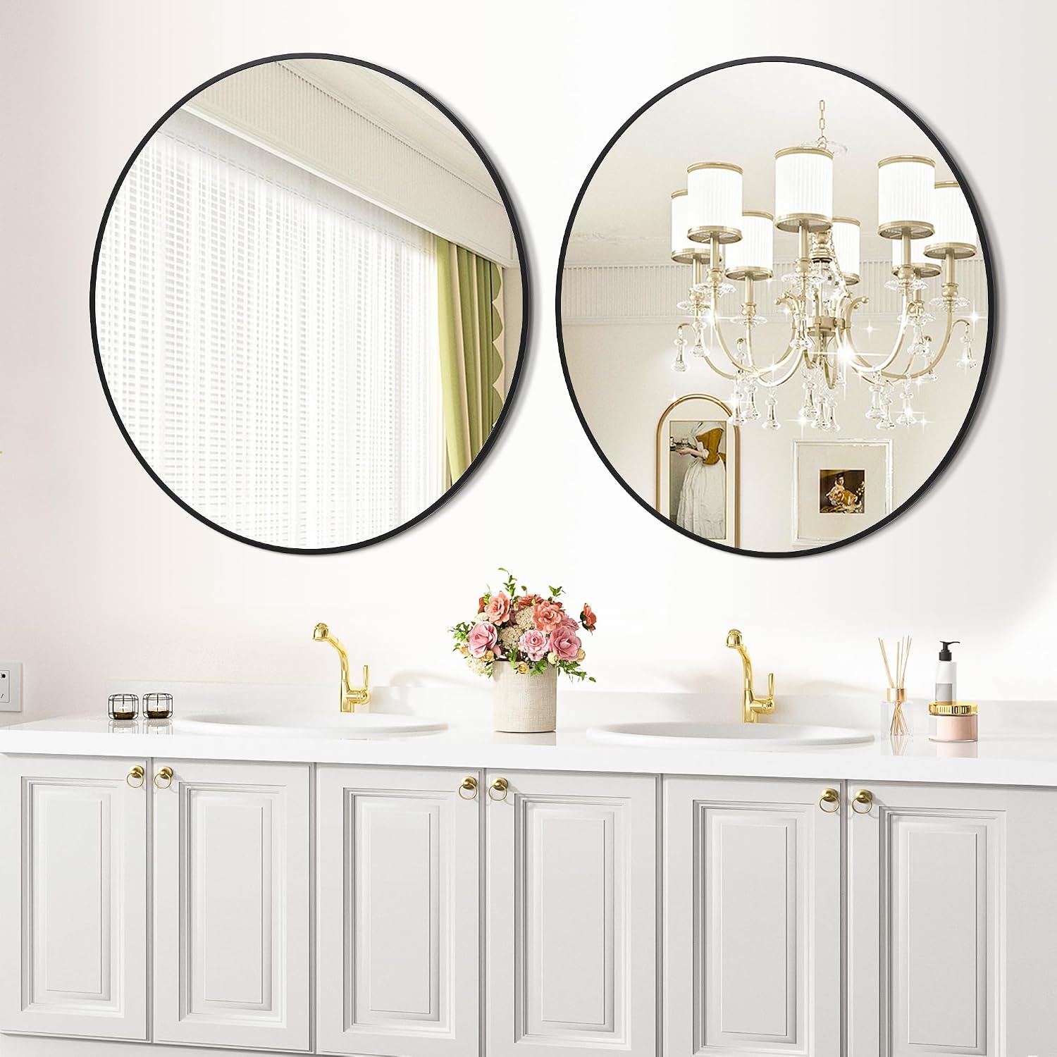 IDEALHOUSE Black Frame Round Mirror for Wall Decor, 91.5cm | Easy Installation, Clear Reflection, Safe, Stylish
