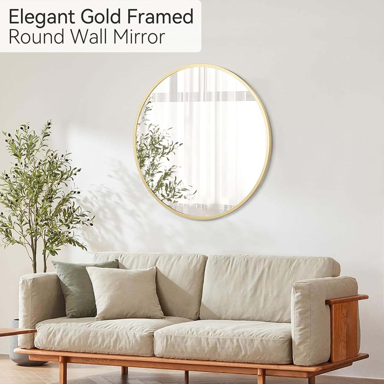 IDEALHOUSE 24 Inch Gold Round Mirror, Metal Gold Frame Circle Mirror, Hanging Wall Decor for Living Room, Entry Way, Bedroom