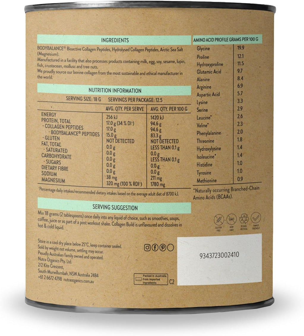 Nutra Naturals Collagen Protein Powder (Previously Collagen Build) 450g, Bioactive Collagen Peptides + Magnesium, 17 g Protein Per Serve, Supports Muscle Tone + Recovery