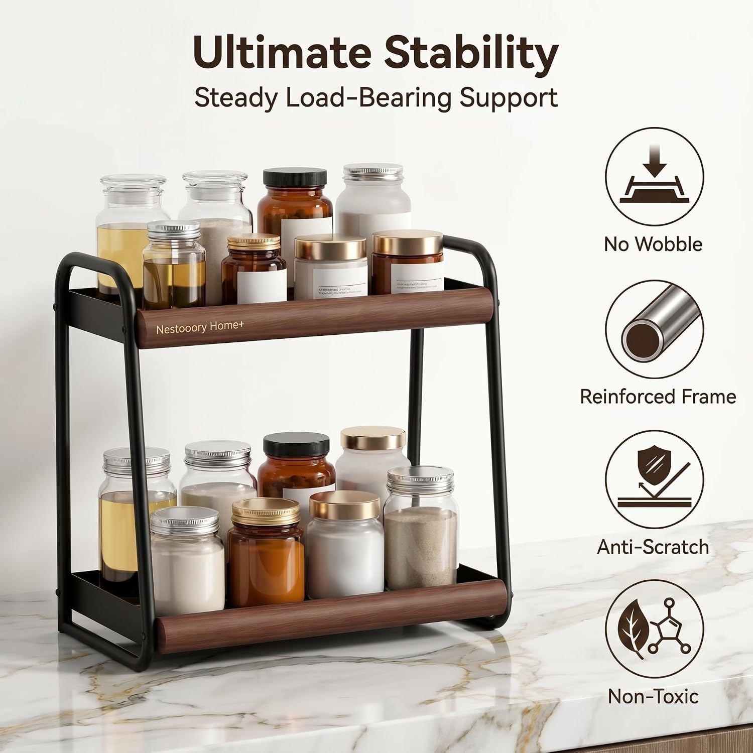 Countertop Organiser, 2-Tier Spice Rack, Solid Wood and Carbon Steel, Kitchen Bathroom Living Room Storage Organiser, Space Saving Benchtop Caddy, Black and Brown (Medium)