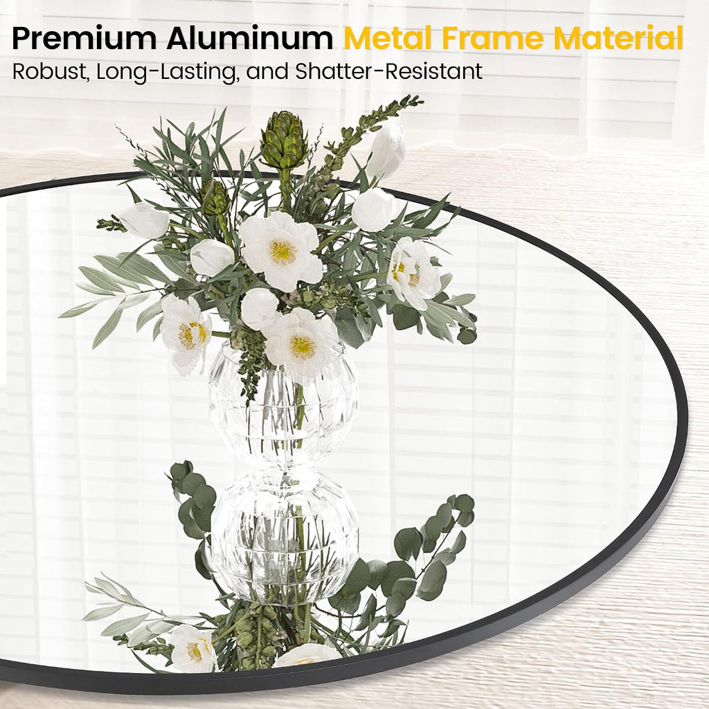 IDEALHOUSE Black Frame Round Mirror for Wall Decor, 91.5cm | Easy Installation, Clear Reflection, Safe, Stylish