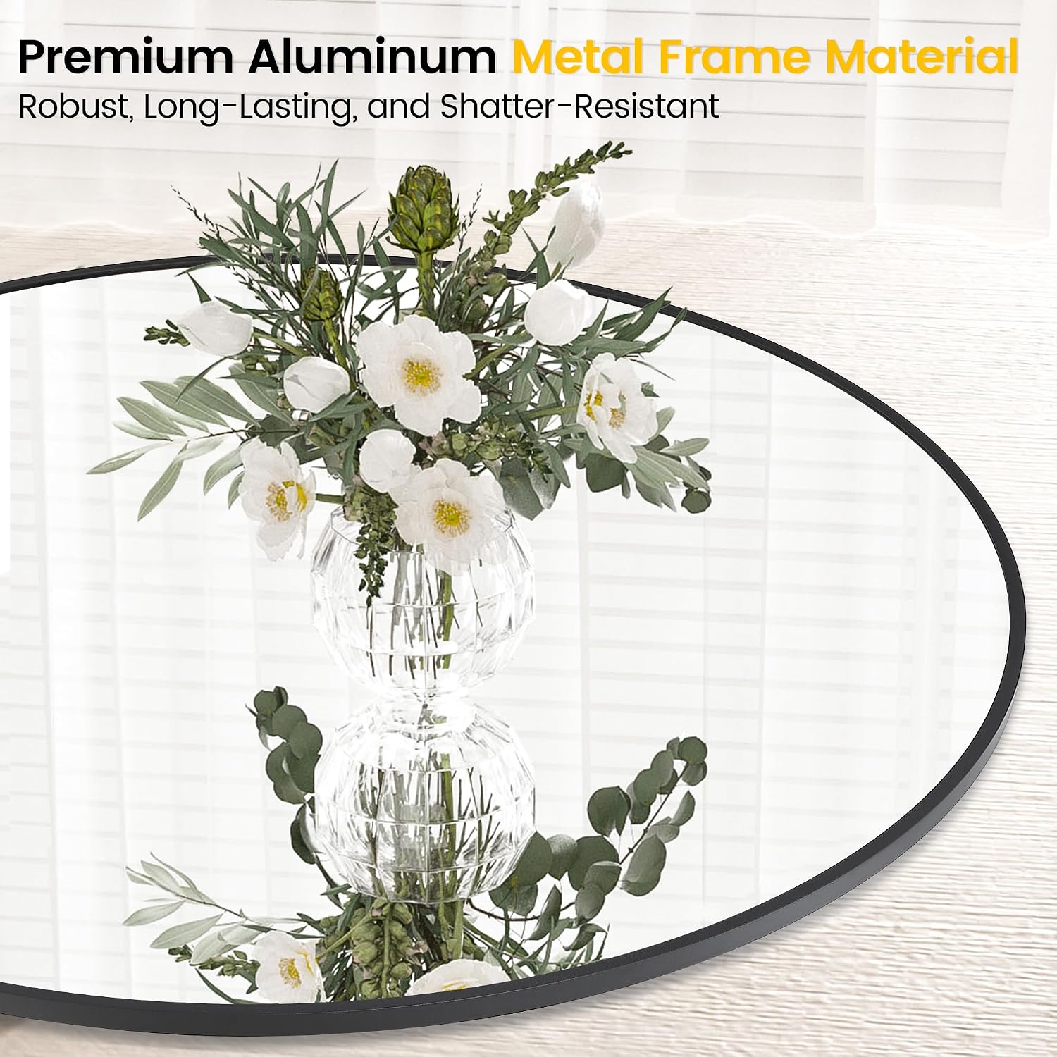 IDEALHOUSE Black Frame Round Mirror for Wall Decor, 91.5cm | Easy Installation, Clear Reflection, Safe, Stylish