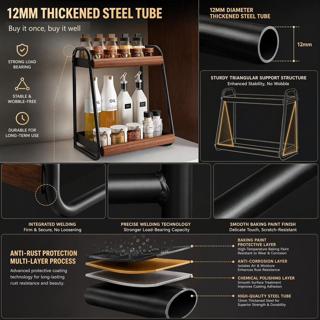 Countertop Organiser, 2-Tier Spice Rack, Solid Wood and Carbon Steel, Kitchen Bathroom Living Room Storage Organiser, Space Saving Benchtop Caddy, Black and Brown (Medium)