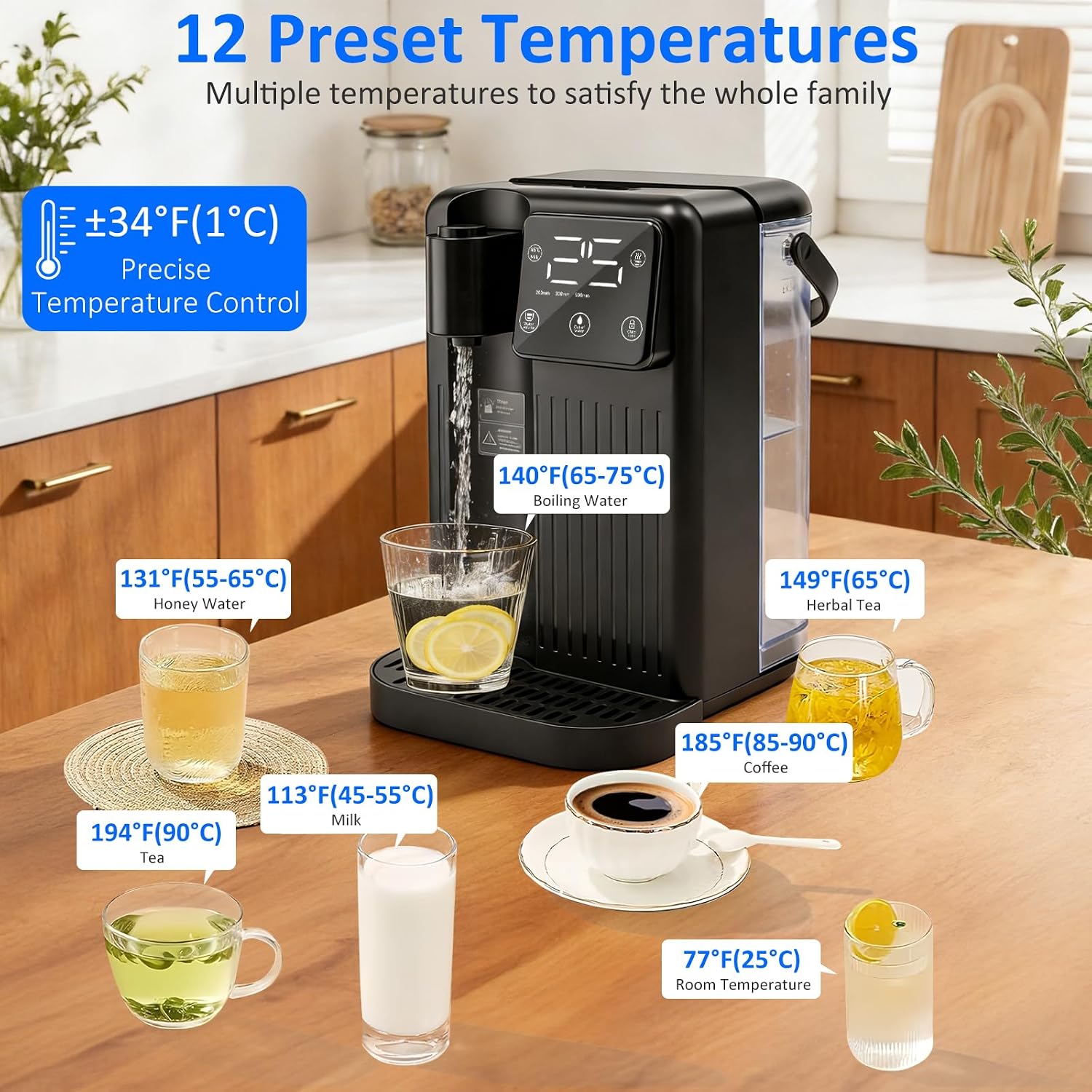 Hot Water Dispenser, 3L Countertop Water Boiler & Warmer, with 12 Temperatures & 3 Customized Water Outputs, Child Locks & Night Lights, Quick Heating, for Home, Party, Office, Kitchen, Bar