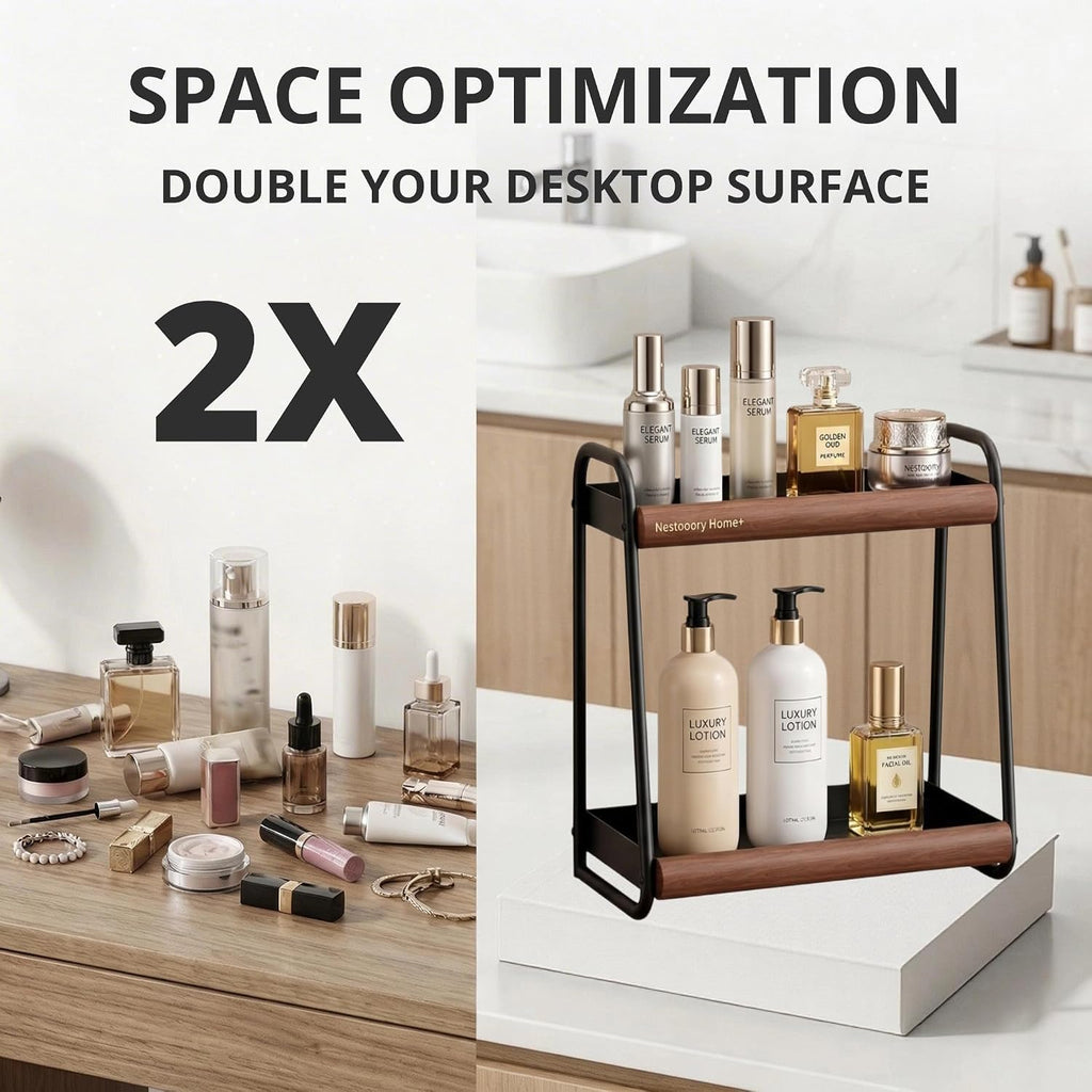 Countertop Organiser, 2-Tier Spice Rack, Solid Wood and Carbon Steel, Kitchen Bathroom Living Room Storage Organiser, Space Saving Benchtop Caddy, Black and Brown (Medium)