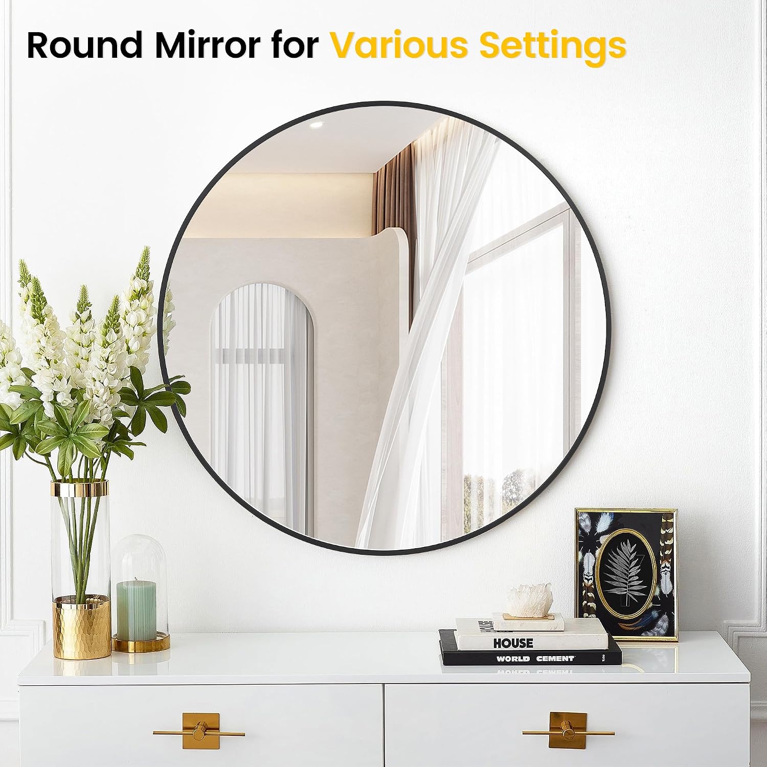 IDEALHOUSE Black Frame Round Mirror for Wall Decor, 91.5cm | Easy Installation, Clear Reflection, Safe, Stylish